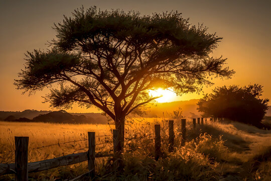 A sunrise scene in the serene countryside, featuring tree silhouettes with intricate branches and leaves framing the shining sun.