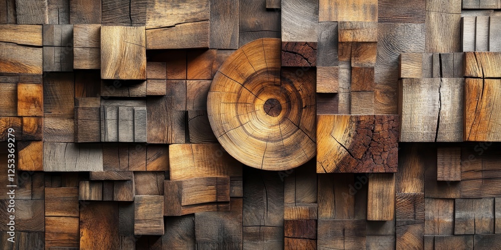 Fototapete visually striking abstract design using wood textures, emphasizing the unique qualities and layered patterns of various woods to create a warm and engaging artistic effec