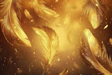 A digital artwork of golden feathers floating in the air, creating an enchanting and magical...