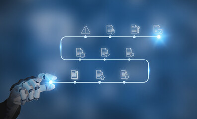 Technological innovation in document management systems (DMS) concept.  Robotic hand interacts with a futuristic digital interface for automated workflows and intelligent data processing.