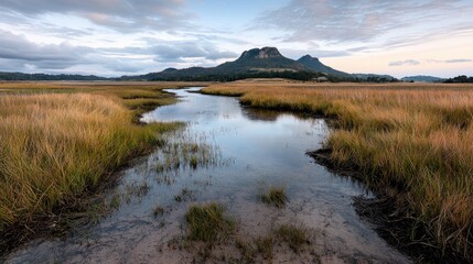 Mountain vista over tranquil marsh waterway at dusk