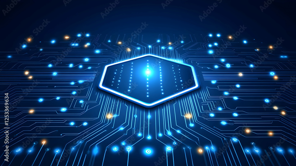 Poster secure data network, glowing hex, circuit board background