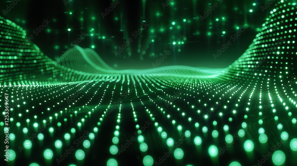 Poster glowing green dots form a flowing wave pattern on a dark background in this abstract illustration.