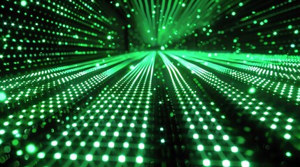 Obraz premium Abstract background of glowing green dots and lines. Futuristic technology or science fiction concept.