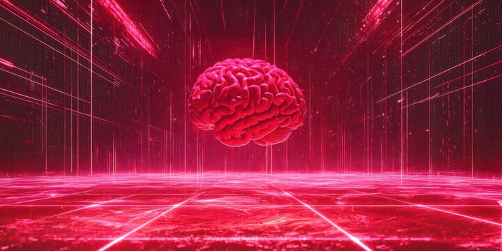 Red brain is floating in a red background