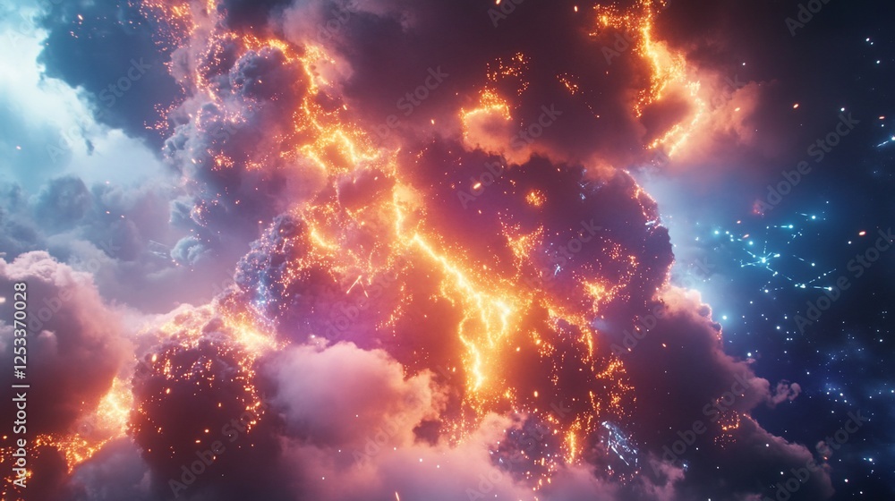Poster cosmic clouds with fiery lightning and bright star formations in deep space