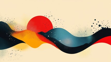 Abstract landscape with retro halftone textures and wavy shapes evokes a serene ambiance