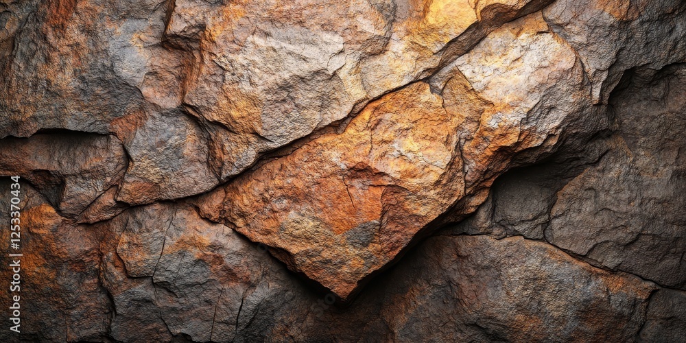 Poster abstract visual with stone textures that highlight the interplay of light and shadow on rugged surfa