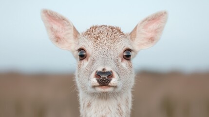 Fototapeta premium Close-up fawn, looking directly at camera, natural light, outdoors. Possible use wildlife, nature photography