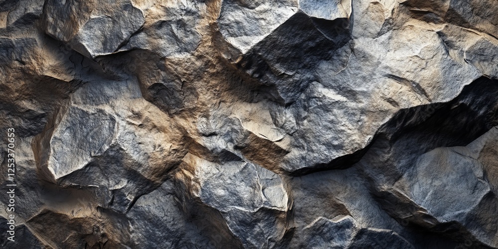 Poster abstract visual with stone textures that highlight the interplay of light and shadow on rugged surfaces, creating a rich and immersive background with a touch of natural