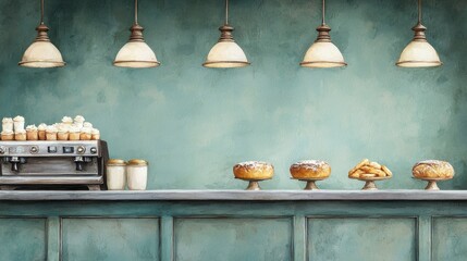 A cozy cafe scene featuring a vintage espresso machine and an array of delicious pastries under warm hanging lights against a blue-green wall.