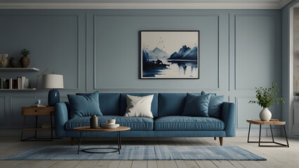 Blue and white living room interior with sofa and drawer, mockup
