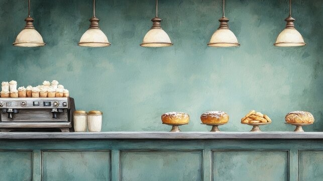 A cozy cafe scene featuring a vintage espresso machine and an array of delicious pastries under warm hanging lights against a blue-green wall.