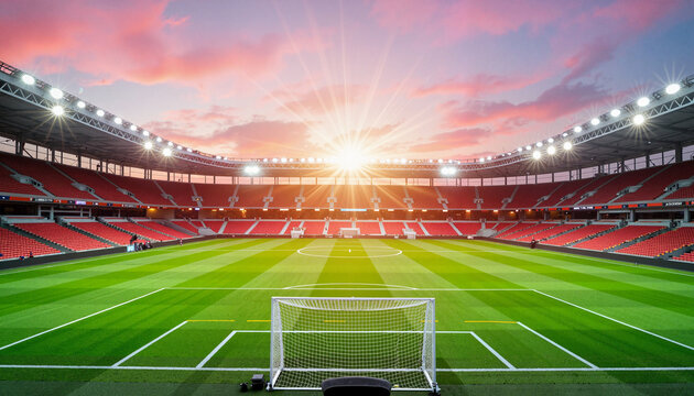 Empty soccer stadium at sunrise with vibrant colors, hopeful potential