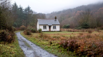Rural cottage, valley road, autumn mist, tranquil scene, nature photography
