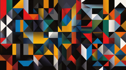 Abstract geometric pattern featuring vibrant colors and shapes, creating dynamic visual experience. interplay of triangles and rectangles evokes sense of movement and energy