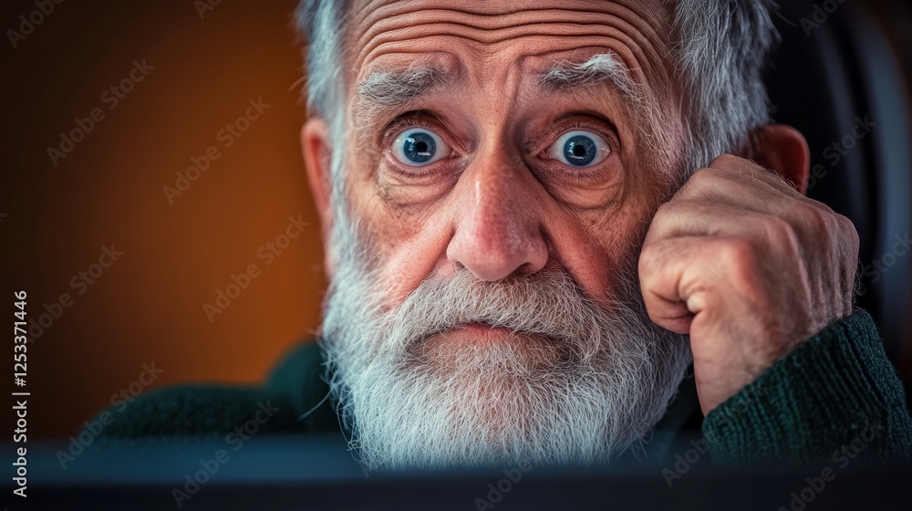Aufkleber man with a beard and gray hair is staring at the camera with a surprised expression. he is wearing a