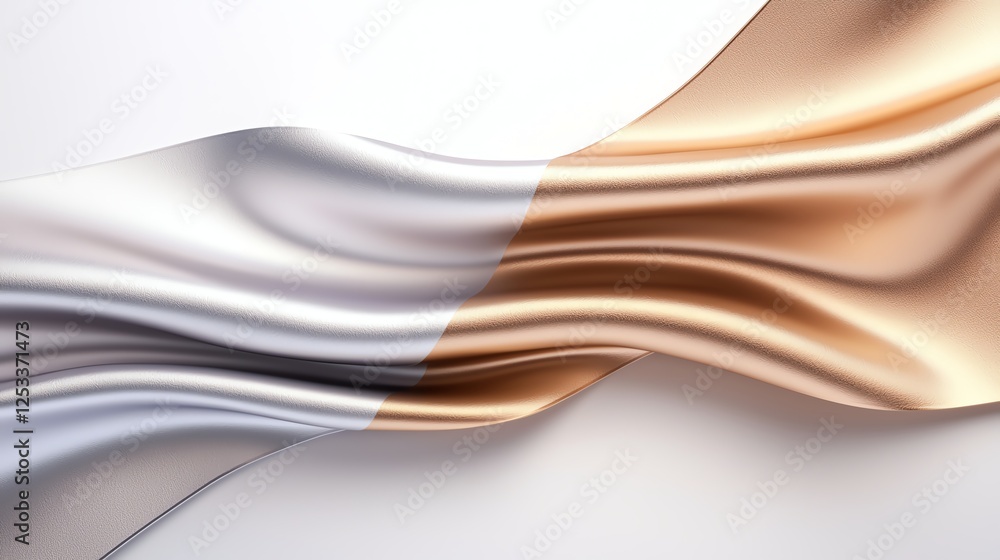 Poster smooth flowing metallic fabric shapes creating elegant abstract waves and textures in gold and silve