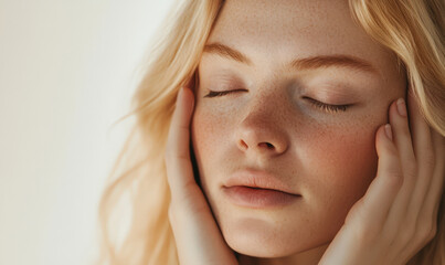 A photo of a young and beautiful woman's head after beauty treatment