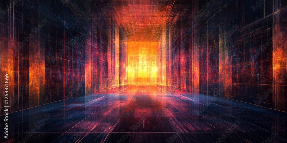 Poster abstract visual with digital backgrounds that highlight the interplay of digital effects and textures, creating a visually striking and immersive design with a futuristic