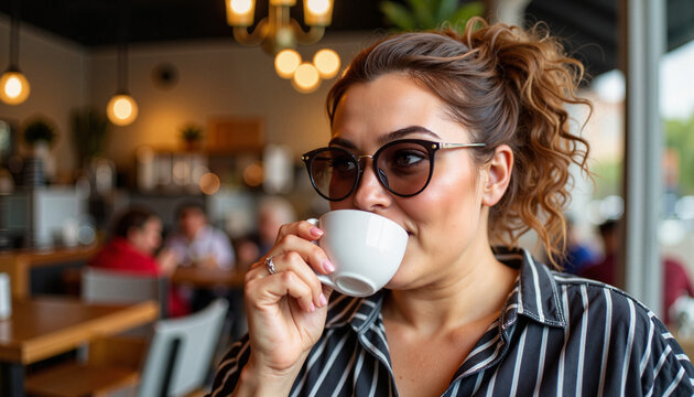 Stylish plus-size woman sipping coffee in trendy café, confidence boost