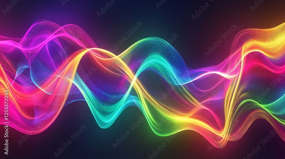 Poster abstract multicolored waves with glowing lines against a dark background create a dynamic visual