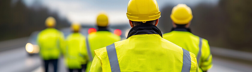High visibility jackets and hard hats worn by workers on highway