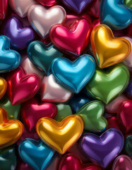 background of multicolored inflatable hearts glossy smooth texture