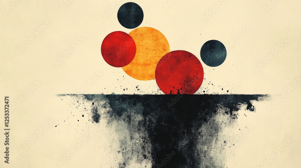 Poster abstract spherical composition with textured dark horizon and muted color palettes, creating a sense