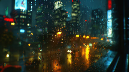 Fototapeta premium rainy cityscape view through window, showcasing blurred lights and reflections. droplets on glass create moody atmosphere, highlighting urban life at night