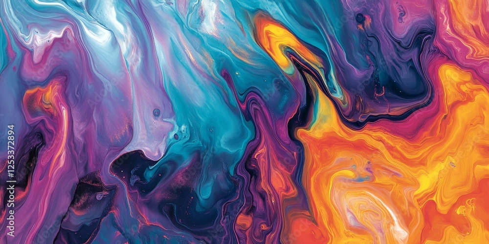 Poster an abstract image showcasing acrylic pouring fluid art with vibrant and swirling colors that blend seamlessly into one another, capturing the dynamic and organic movement