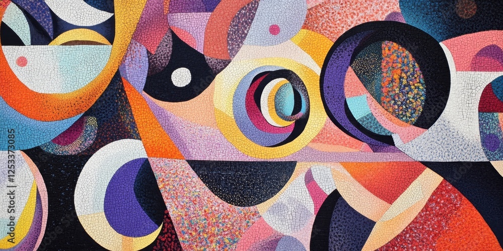 Poster abstract artwork with intricate geometric patterns that intertwine and evolve into complex shapes, featuring a vibrant color palette that shifts and flows seamlessly acro