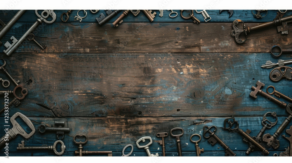Poster vintage keys arranged on rustic wooden background, creating nostalgic and artistic display. contrast