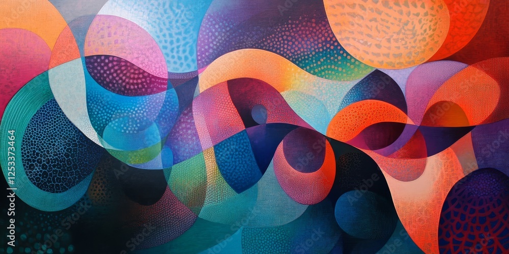 Aufkleber abstract artwork with intricate geometric patterns that intertwine and evolve into complex shapes, featuring a vibrant color palette that shifts and flows seamlessly acro