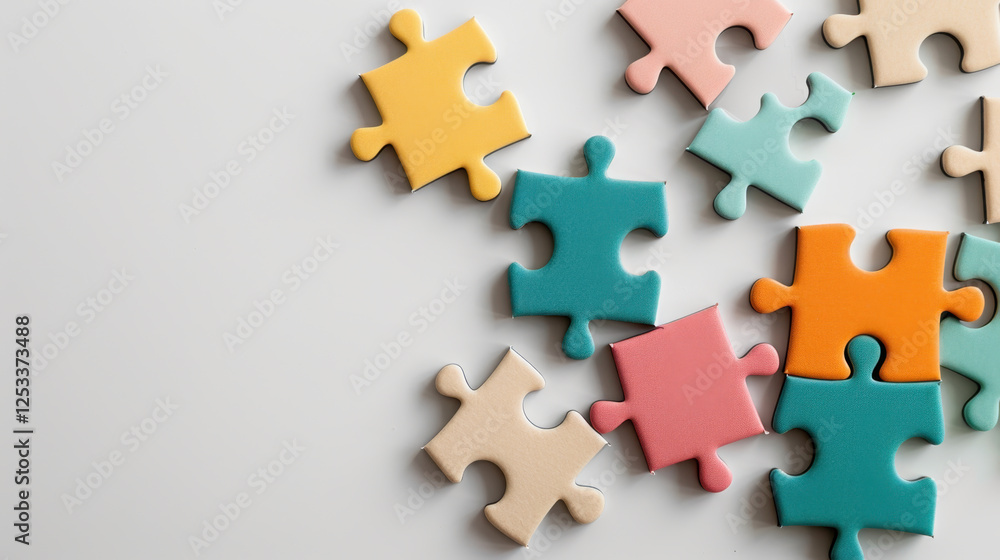 Poster colorful puzzle pieces scattered on light background, creating playful and engaging atmosphere. perf