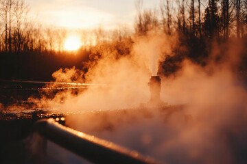 Steam rising from hot spring at sunset, peaceful rural scene. Possible use stock photo for tourism, wellness, or nature