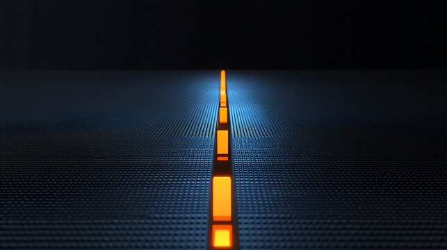 Glowing orange path dramatically stretches towards a bright light subtly illuminating a dark blue grid. AI Generated