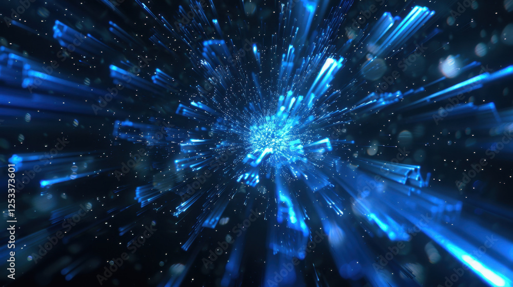 Poster vibrant blue abstract background depicting light rays and particles, creating sense of motion and de