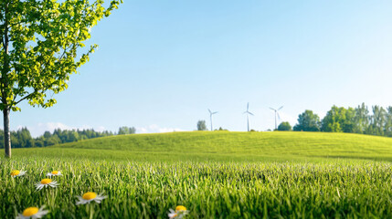 serene landscape with clear sky, green grass, and wind turbines