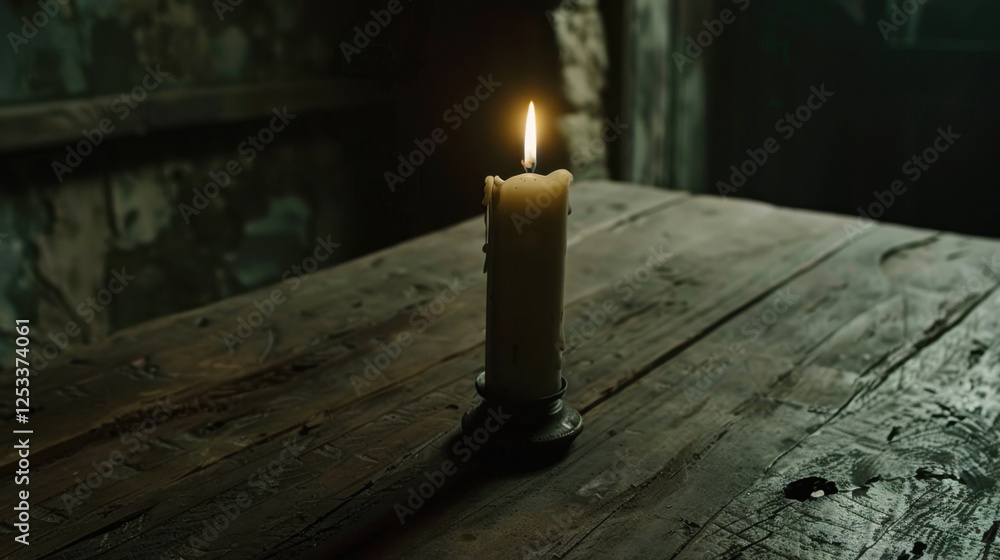 Poster lit candle on rustic wooden table creates warm and inviting atmosphere, casting soft shadows in diml