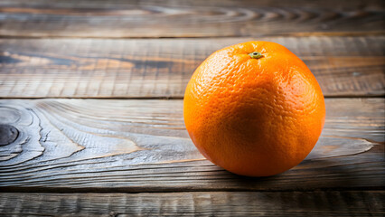 Orange on Wooden Table: A single, ripe orange rests on a rustic wooden surface, its vibrant color...