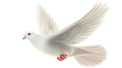 Fototapeta premium A beautiful white dove is flying with its wings spread wide. The dove has a gentle expression on its face and is looking downward.