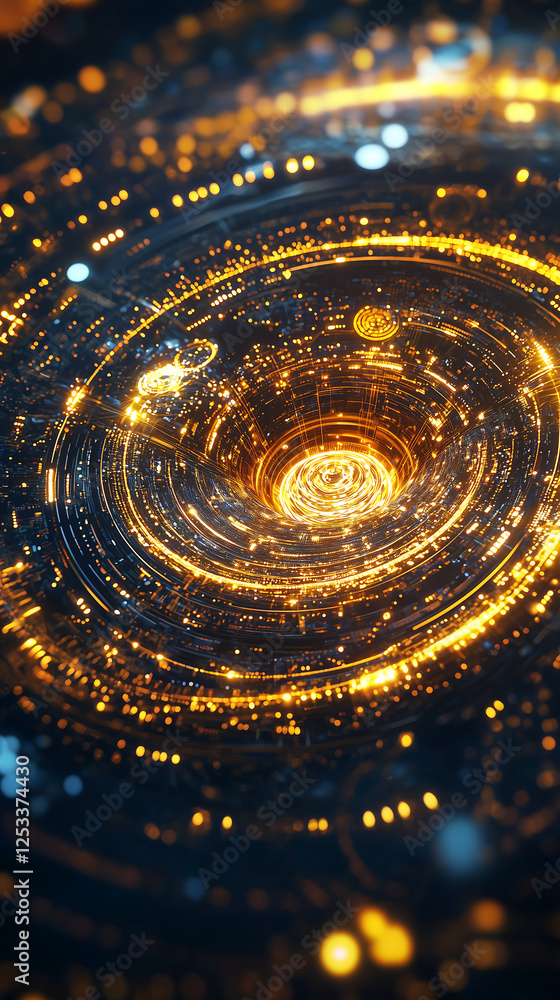 Aufkleber futuristic glowing vortex with swirling golden lights and digital particles creating a dynamic abstr