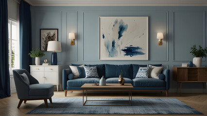 Blue and white living room interior with sofa and drawer, mockup

