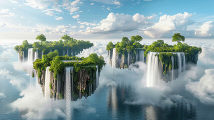 Naklejka premium Floating islands with waterfalls and lush greenery in serene sky
