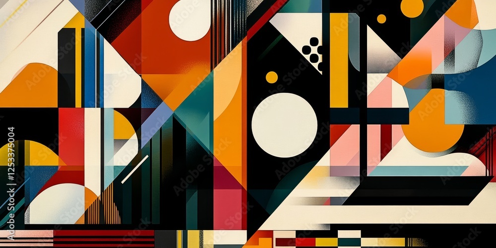 Fototapete an abstract visual with layered geometric patterns that create a sense of rhythm and flow, employing a rich color scheme and varied shapes to produce a visually complex a