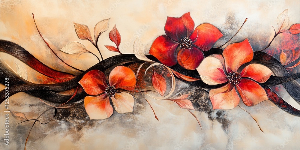 Poster abstract artwork featuring floral patterns, incorporating flowing lines and delicate textures to pro
