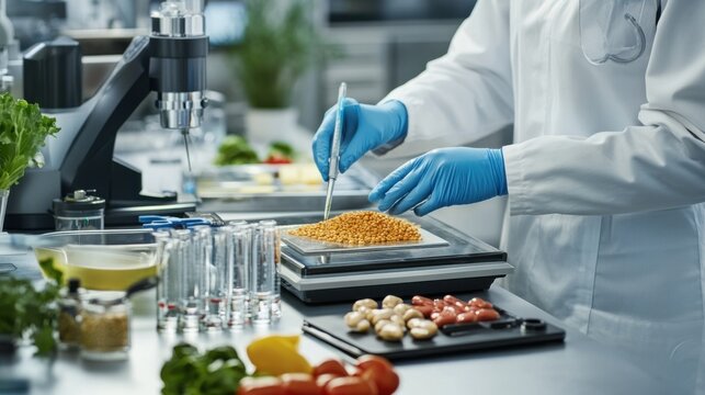 A food scientist analyzing nutritional content in a laboratory with food samples and scientific equipment, Food science lab scene, Nutritional analysis style