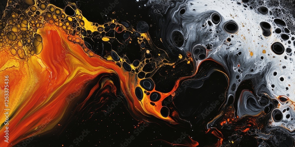 Poster a visually striking abstract design using acrylic pouring fluid art, focusing on the dramatic and swirling patterns of color as they spread and interact, creating a vibra