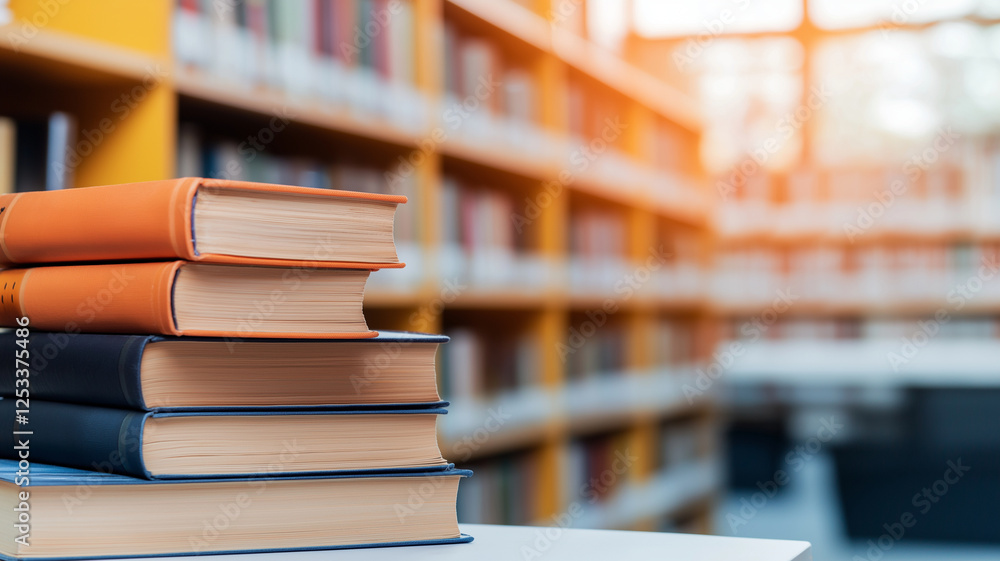 Poster Stack of colorful books on table in library with blurred bookshelves in background, creating warm and inviting atmosphere for reading and learning